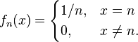 f_n(x) = \begin{cases} 1/n, & x = n \\ 0, & x \ne n. \end{cases}