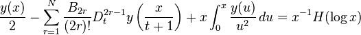  \frac{y(x)}{2}-\sum_{r=1}^N \frac{B_{2r}}{(2r)!}D_t^{2r-1} y \left(\frac{x}{t+1}\right) + x\int_0^x \frac{y(u)}{u^{2}} \, du = x^{-1}H(\log x) 