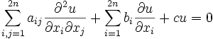 \sum\limits_{i,j=1}^{2n} a_{ij}\frac{\partial^2 u}{\partial x_i \partial x_j} +
 \sum\limits_{i=1}^{2n} b_i\frac{\partial u}{\partial x_i} + cu =0