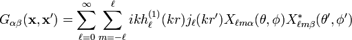 G_{\alpha \beta}(\mathbf{x},\mathbf{x'})=\sum_{\ell=0}^\infty \sum_{m=-\ell}^\ell i k h_\ell^{(1)}(kr) j_\ell(kr') X_{\ell m \alpha}(\theta,\phi) X_{\ell m \beta}^*(\theta',\phi')