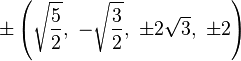 \pm\left(\sqrt{\frac{5}{2}},\ -\sqrt{\frac{3}{2}},\ \pm2\sqrt{3},\ \pm2\right)