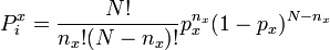 P_i^x = \frac{N!}{n_x!(N - n_x)!}p_x^{n_x}(1 - p_x)^{N - n_x}