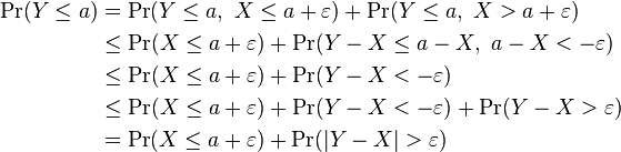 \begin{align}
\operatorname{Pr}(Y\leq a) &= \operatorname{Pr}(Y\leq a,\ X\leq a+\varepsilon) + \operatorname{Pr}(Y\leq a,\ X>a+\varepsilon) \\
      &\leq \operatorname{Pr}(X\leq a+\varepsilon) + \operatorname{Pr}(Y-X\leq a-X,\ a-X<-\varepsilon) \\
      &\leq \operatorname{Pr}(X\leq a+\varepsilon) + \operatorname{Pr}(Y-X<-\varepsilon) \\
      &\leq \operatorname{Pr}(X\leq a+\varepsilon) + \operatorname{Pr}(Y-X<-\varepsilon) + \operatorname{Pr}(Y-X>\varepsilon)\\
      &= \operatorname{Pr}(X\leq a+\varepsilon) + \operatorname{Pr}(|Y-X|>\varepsilon)
  \end{align}