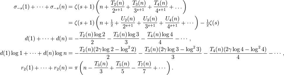 \begin{align}
\sigma_{-s}(1) + \cdots+ \sigma_{-s}(n) &= \zeta(s+1) \left(n+ \frac{T_2(n)}{2^{s+1}}+ \frac{T_3(n)}{3^{s+1}}+\frac{T_4(n)}{4^{s+1}} +\dots \right) \\
&= \zeta(s+1) \left( n+\tfrac12+ \frac{U_2(n)}{2^{s+1}}+ \frac{U_3(n)}{3^{s+1}}+ \frac{U_4(n)}{4^{s+1}} +\cdots \right)- \tfrac12\zeta(s) \\
d(1)+ \cdots+ d(n) &= - \frac{T_2(n)\log2}{2} - \frac{T_3(n)\log3}{3} - \frac{T_4(n)\log4}{4} - \cdots, \\
d(1)\log 1 + \cdots + d(n)\log n &= -\frac{T_2(n)(2\gamma\log2-\log^22)}{2} -\frac{T_3(n)(2\gamma\log3-\log^23)}{3} -\frac{T_4(n)(2\gamma\log4-\log^24)}{4} -\cdots, \\
r_2(1)+ \cdots+ r_2(n) &= \pi \left( n -\frac{T_3(n)}{3} +\frac{T_5(n)}{5} -\frac{T_7(n)}{7} +\cdots \right).
\end{align}