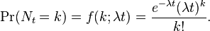 
    \Pr(N_t=k) = f(k;\lambda t) = \frac{e^{-\lambda t} (\lambda t)^k}{k!} .  