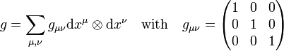 g=\sum\limits_{\mu,\nu}g_{\mu\nu}\mathrm{d}x^\mu\otimes \mathrm{d}x^\nu\quad\text{with}\quad
g_{\mu\nu} = \begin{pmatrix}1 & 0 & 0\\0 & 1 & 0\\0 & 0 & 1\end{pmatrix}
