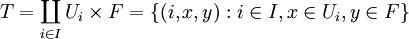 T = \coprod_{i\in I}U_i \times F = \{(i,x,y) : i\in I, x\in U_i, y\in F\}