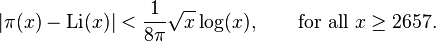 |\pi(x) - \operatorname{Li}(x)| < \frac{1}{8\pi} \sqrt{x} \log(x), \qquad \text{for all } x \ge 2657. 