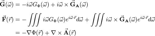 \begin{align}
\vec{\mathbf{G}}(\vec{\omega}) &= - i \vec{\omega} G_\Phi(\vec{\omega}) + i \vec{\omega} \times \vec{\mathbf{G}}_\mathbf{A}(\vec{\omega}) \\ [6pt]
\vec{\mathbf{F}}(\vec{r}) &= -\iiint i \vec{\omega} G_\Phi(\vec{\omega}) e^{i \vec{\omega} \cdot \vec{r}} d\vec{\omega} + \iiint i \vec{\omega} \times \vec{\mathbf{G}}_\mathbf{A}(\vec{\omega}) e^{i \vec{\omega} \cdot \vec{r}} d\vec{\omega} \\
&= - \nabla \Phi(\vec{r}) +  \nabla \times \vec{\mathbf{A}}(\vec{r})
\end{align}