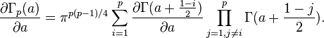 \frac{\partial \Gamma_p(a)}{\partial a} = \pi^{p(p-1)/4}\sum_{i=1}^p \frac{\partial\Gamma(a+\frac{1-i}{2})}{\partial a}\prod_{j=1, j\neq i}^p\Gamma(a+\frac{1-j}{2}).