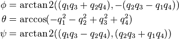 
\begin{align}
 \phi   &=  \arctan2((q_1q_3 + q_2q_4), -(q_2q_3 - q_1q_4))\\
 \theta &=  \arccos(-q_1^2 - q_2^2 + q_3^2+q_4^2)\\
 \psi   &= \arctan2((q_1q_3 - q_2q_4), (q_2q_3 + q_1q_4))
\end{align}
