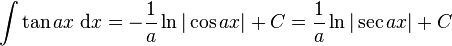 \int\tan ax\;\mathrm{d}x = -\frac{1}{a}\ln|\cos ax|+C = \frac{1}{a}\ln|\sec ax|+C\,\!