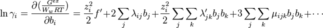 \ln \gamma_i = \frac{\partial(\frac{G^{ex}}{W_wRT})}{\partial b_i}
=\frac{z_i^2}{2}f' +2\sum_j \lambda_{ij}b_j +\frac{z_i^2}{2}\sum_j\sum_k \lambda'_{jk} b_jb_k 
+ 3\sum_j\sum_k \mu_{ijk} b_jb_k+ \cdots
