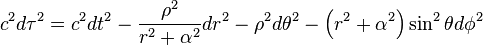 
c^{2} d\tau^{2} =
c^{2} dt^{2}
- \frac{\rho^{2}}{r^{2} + \alpha^{2}} dr^{2}
- \rho^{2} d\theta^{2}
- \left( r^{2} + \alpha^{2} \right) \sin^{2}\theta d\phi^{2}
