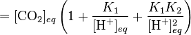   =  [\textrm{CO}_2]_{eq} \left(1 + \frac{K_1}{[\textrm{H}^+]_{eq}} + \frac{K_1K_2}{[\textrm{H}^+]_{eq}^2}\right) 