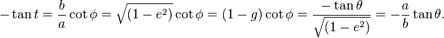  -\tan t = \frac{b}{a} \cot\phi = \sqrt{(1 - e^2)} \cot\phi = (1 - g) \cot\phi = \frac{-\tan\theta}{\sqrt{(1 - e^2)}} = -\frac{a}{b} \tan\theta.