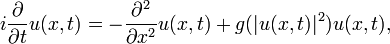 
i\frac{\partial}{\partial t}u(x,t)=-\frac{\partial^2}{\partial x^2}
u(x,t)+g(|u(x,t)|^2)u(x,t),
