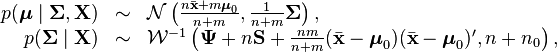 
\begin{array}{rcl}
p(\boldsymbol\mu\mid\boldsymbol\Sigma,\mathbf{X}) & \sim & \mathcal{N}\left(\frac{n\bar{\mathbf{x}} + m\boldsymbol\mu_0}{n+m},\frac{1}{n+m}\boldsymbol\Sigma\right),\\
p(\boldsymbol\Sigma\mid\mathbf{X}) & \sim & \mathcal{W}^{-1}\left(\boldsymbol\Psi+n\mathbf{S}+\frac{nm}{n+m}(\bar{\mathbf{x}}-\boldsymbol\mu_0)(\bar{\mathbf{x}}-\boldsymbol\mu_0)', n+n_0\right),
\end{array}
