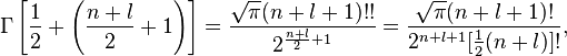 \Gamma \left[{1 \over 2} + \left( \frac{n+l}{2} + 1 \right) \right]
= \frac{\sqrt{\pi}(n+l+1)!!}{2^{\frac{n+l}{2}+1}} = \frac{\sqrt{\pi}(n+l+1)!}{2^{n+l+1}[\frac{1}{2}(n+l)]!},