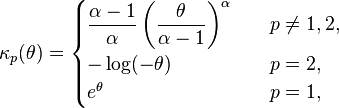 \kappa_p(\theta) = \begin{cases} \dfrac{\alpha-1}{\alpha} \left(\dfrac{\theta}{\alpha-1}\right)^\alpha
& \quad p \ne 1,2, \\ -\log(-\theta)  & \quad p = 2, \\ e^\theta & \quad p = 1, \end{cases}
