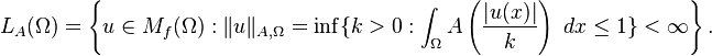 
L_A(\Omega)=\left\{ u\in M_f(\Omega):\|u\|_{A,\Omega}=\inf\{ k>0:\int_\Omega A\left( \frac{|u(x)|}{k} \right)~dx\leq 1 \}<\infty \right\}.
