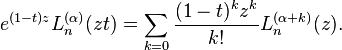 e^{(1-t)z} L_n^{(\alpha)}(z t)=\sum_{k=0} \frac{(1-t)^k z^k}{k!}L_n^{(\alpha+k)}(z).