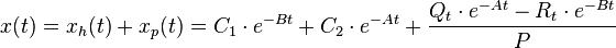 x(t)=x_h(t)+x_p(t)=C_1\cdot e^{ -B t}+C_2\cdot e^{ -A t} +\frac{Q_t\cdot e^{-At}-R_t\cdot e^{-Bt}}{P}