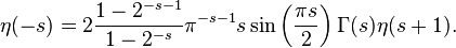 \eta(-s) = 2 \frac{1-2^{-s-1}}{1-2^{-s}} \pi^{-s-1} s \sin\left({\pi s \over 2}\right) \Gamma(s)\eta(s+1).