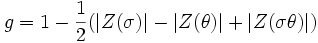 g=1-\frac{1}{2}(|Z(\sigma)|-|Z(\theta)|+|Z(\sigma\theta)|)