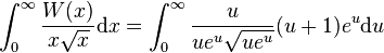 \int_{0}^{\infty} \frac{W(x)}{x\sqrt{x}}\mathrm dx=\int_{0}^{\infty} \frac{u}{ue^{u}\sqrt{ue^{u}}}(u+1)e^{u}\mathrm du