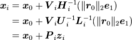 \begin{align}
\boldsymbol{x}_i&=\boldsymbol{x}_0+\boldsymbol{V}_i\boldsymbol{H}_i^{-1}(\lVert\boldsymbol{r}_0\rVert_2\boldsymbol{e}_1)\\
&=\boldsymbol{x}_0+\boldsymbol{V}_i\boldsymbol{U}_i^{-1}\boldsymbol{L}_i^{-1}(\lVert\boldsymbol{r}_0\rVert_2\boldsymbol{e}_1)\\
&=\boldsymbol{x}_0+\boldsymbol{P}_i\boldsymbol{z}_i
\end{align}