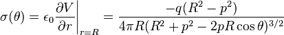 
\sigma(\theta)
= \epsilon_0 \frac{\partial V}{\partial r} \Bigg|_{r=R}
=\frac{-q(R^2-p^2)}{4\pi R(R^2+p^2-2pR\cos\theta)^{3/2}}

