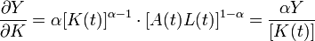 \frac{ \partial Y}{ \partial K} = {\alpha}[K(t)]^{\alpha-1}\cdot [A(t) L(t)]^{1-\alpha} = \frac{ {\alpha}Y }{[K(t)]}  