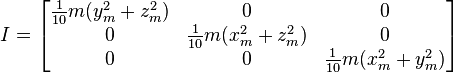 
I =
\begin{bmatrix}
  \frac{1}{10} m (y_m^2+z_m^2) & 0 & 0 \\
  0 & \frac{1}{10} m (x_m^2+z_m^2) & 0 \\ 
  0 & 0 & \frac{1}{10} m (x_m^2+y_m^2)
\end{bmatrix}
