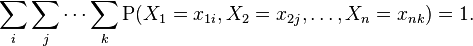 \sum_{i} \sum_{j} \dots \sum_{k} \mathrm{P}(X_1=x_{1i},X_2=x_{2j}, \dots, X_n=x_{nk}) = 1.\;