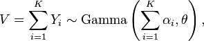 V=\sum_{i=1}^K Y_i\sim\operatorname{Gamma} \left(\sum_{i=1}^K\alpha_i, \theta \right ),