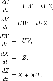 \begin{align}
\frac{dU}{dt} & = -VW+bVZ,\\[6pt]
\frac{dV}{dt} & = UW-bUZ,\\[6pt]
\frac{dW}{dt} & = -UV,\\[6pt]
\frac{dX}{dt} & = -Z,\\[6pt]
\frac{dZ}{dt} & = X+bUV.
\end{align}
