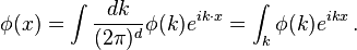 
\phi(x) = \int {dk\over (2\pi)^d} \phi(k) e^{ik\cdot x} = \int_k \phi(k) e^{ikx}\,.
