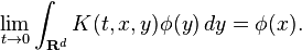 \lim_{t \to 0}\int_{\mathbf{R}^d} K(t,x,y)\phi(y)\,dy = \phi(x).