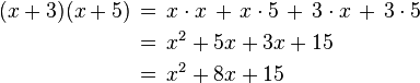 \begin{align}
(x + 3)(x + 5) \,&=\, x\cdot x \,+\, x\cdot 5 \,+\, 3 \cdot x \,+\, 3 \cdot 5 \\
&=\, x^2 + 5x + 3x + 15 \\
&=\, x^2 + 8x + 15
\end{align}