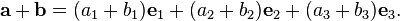 \mathbf{a}+\mathbf{b}
=(a_1+b_1)\mathbf{e}_1
+(a_2+b_2)\mathbf{e}_2
+(a_3+b_3)\mathbf{e}_3.