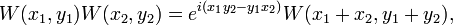 \displaystyle{W(x_1,y_1)W(x_2,y_2)=e^{i(x_1y_2-y_1x_2)} W(x_1+x_2,y_1+y_2),}