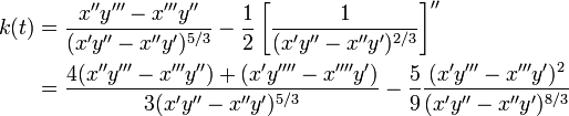 
\begin{align}
k(t)&=\frac{x''y'''-x'''y''}{(x'y''-x''y')^{5/3}}-\frac{1}{2}\left[\frac{1}{(x'y''-x''y')^{2/3}}\right]''\\
&= \frac{4(x''y'''-x'''y'')+(x'y''''-x''''y')}{3(x'y''-x''y')^{5/3}} -\frac{5}{9}\frac{(x'y'''-x'''y')^2}{(x'y''-x''y')^{8/3}}
\end{align}