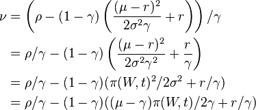 \begin{align}\nu&=\left(\rho-(1-\gamma)\left(\frac{(\mu-r)^2}{2\sigma^2\gamma}+r\right)\right)/\gamma \\&=\rho/\gamma-(1-\gamma)\left(\frac{(\mu-r)^2}{2\sigma^2\gamma^2}+\frac r{\gamma}\right)\\&=\rho/\gamma-(1-\gamma)(\pi(W,t)^2/2\sigma^2+ r/\gamma)\\&=\rho/\gamma-(1-\gamma)((\mu-\gamma)\pi(W,t)/2\gamma+ r/\gamma)\end{align}