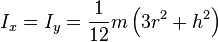 I_x = I_y = \frac{1}{12} m\left(3r^2+h^2\right)