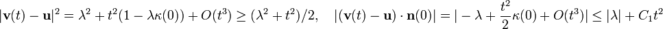 \displaystyle{|\mathbf{v}(t)-\mathbf{u}|^2 = \lambda^2 + t^2(1-\lambda\kappa(0)) + O(t^3)\ge (\lambda^2 + t^2)/2,\,\,\, \,\,\,|(\mathbf{v}(t)-\mathbf{u})\cdot \mathbf{n}(0)| =|-\lambda + {t^2 \over 2}\kappa(0) +  O(t^3)|\le |\lambda| + C_1t^2}