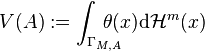 V(A) := \int_{\Gamma_{M,A}}\!\!\!\!\!\!\!\theta(x) \mathrm{d} \mathcal{H}^m(x)