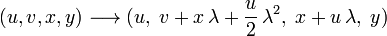 (u,v,x,y) \longrightarrow (u, \; v+ x \, \lambda + \frac{u}{2} \, \lambda^2, \; x + u \, \lambda, \; y)