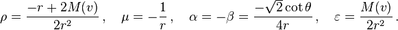 \rho=\frac{-r+2M(v)}{2r^2}\,,\quad \mu=-\frac{1}{r}\,,\quad \alpha=-\beta=\frac{-\sqrt{2}\cot\theta}{4r}\,,\quad \varepsilon=\frac{M(v)}{2r^2}\,.