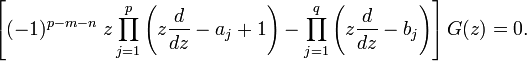 
\left[ (-1)^{p - m - n} \;z \prod_{j = 1}^p \left( z \frac{d}{dz} - a_j + 1 \right) - \prod_{j = 1}^q \left( z \frac{d}{dz} - b_j \right) \right] G(z) = 0.
